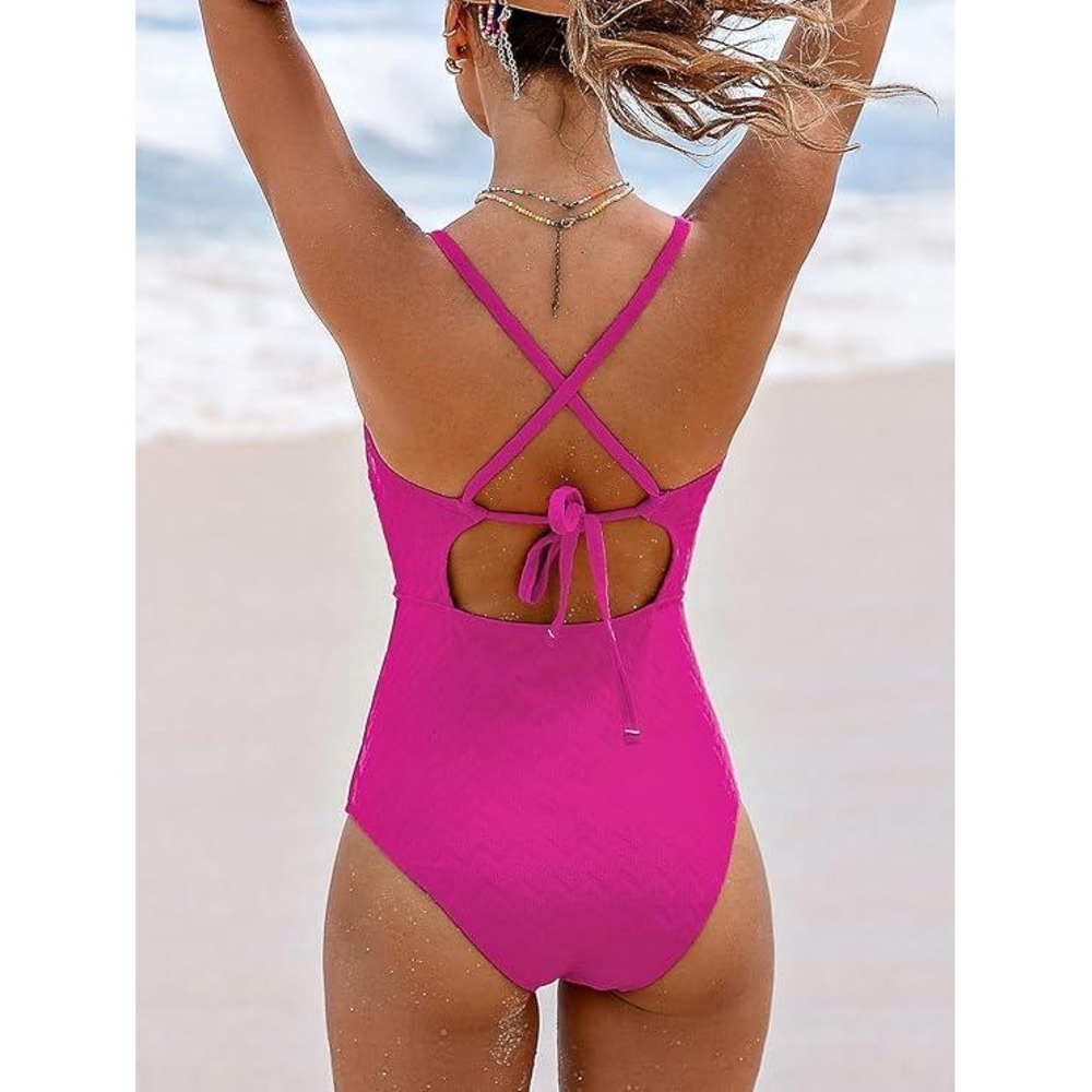 CupShe Pink Swimsuit Criss Cross Lace Up Back Sweetheart Neck Textured L - Picture 12 of 13